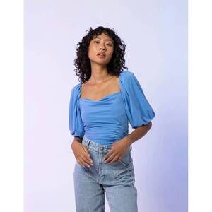 NEW LINE AND DOT allison cowl neck top in blue